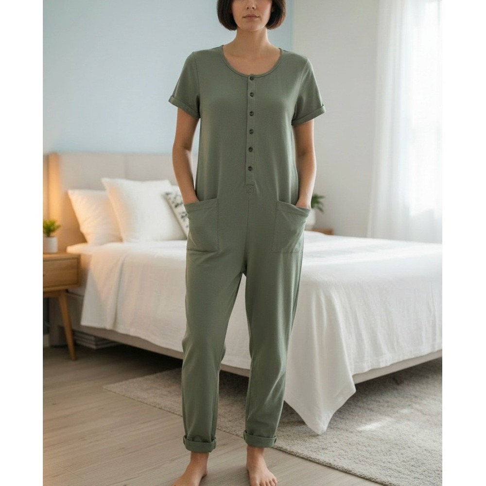 Petit Lem x Maman Cotton Short Sleeve Jumpsuit Onsie in Green Size XS/S